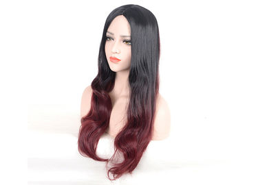 Hitam untuk anggur merah berwarna wig sintetis panjang perasaan halus bergelombang alami pemasok